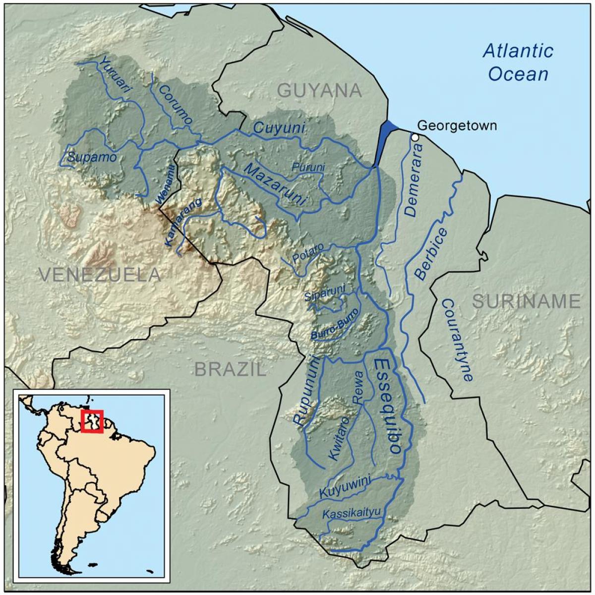 מפה של גיאנה מראה את שלושת נהרות.