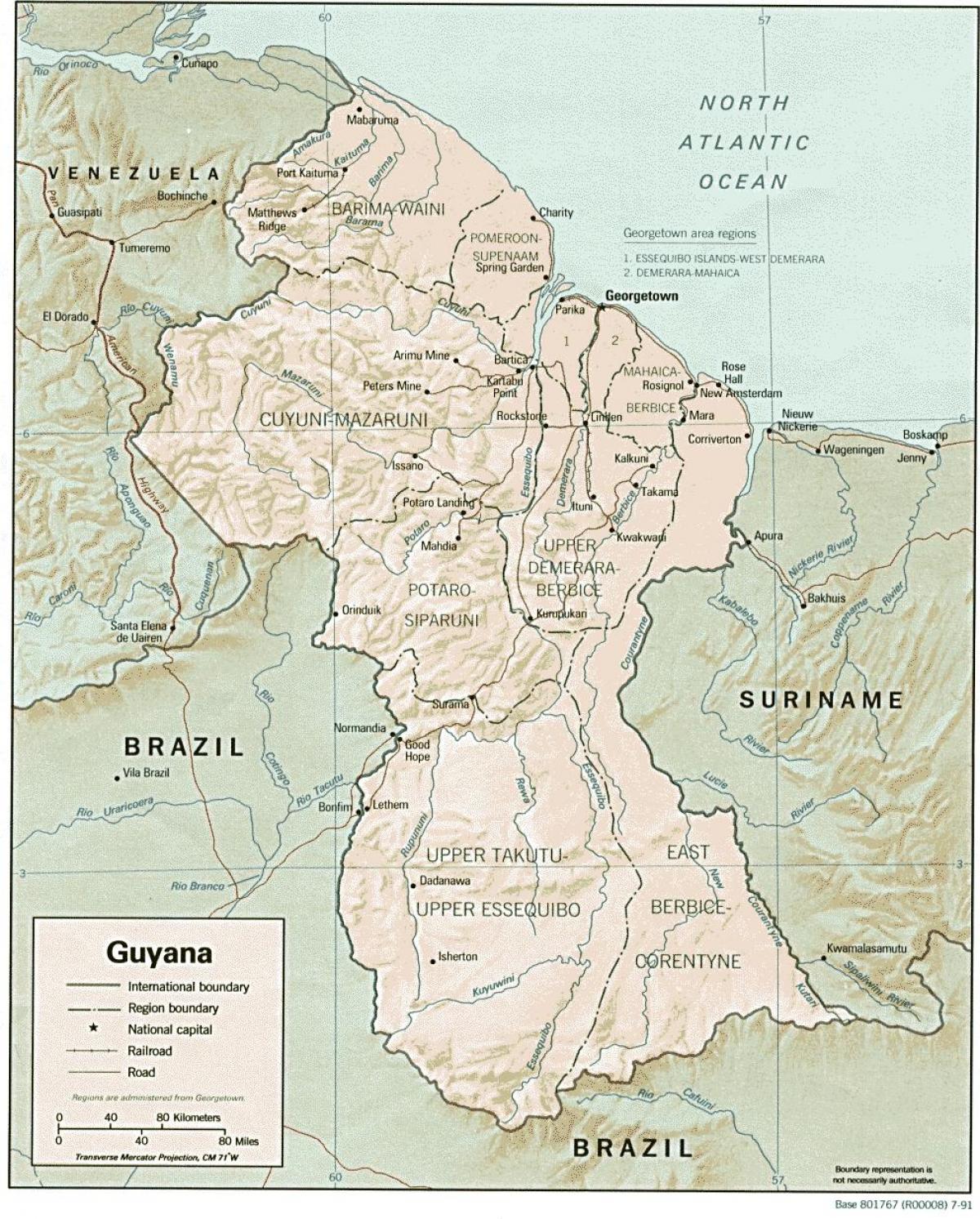 המפה מראה amerindian ההתנחלויות בגיאנה