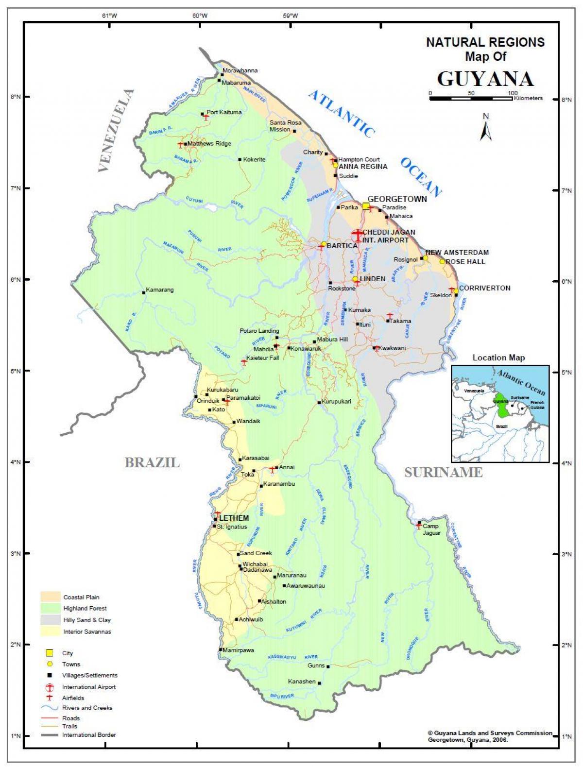 מפה של גיאנה מראה את 4 האזורים הטבעיים