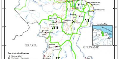 מפה של גיאנה מראה את עשר אזורים מנהליים